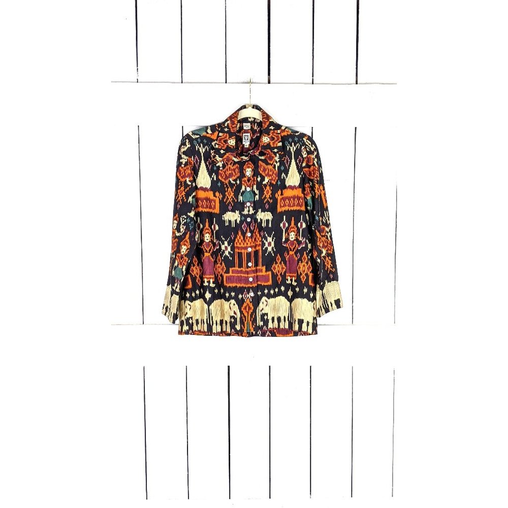 Vintage Anne Klein IKAT tribal print long sleeve button down shirt blouse